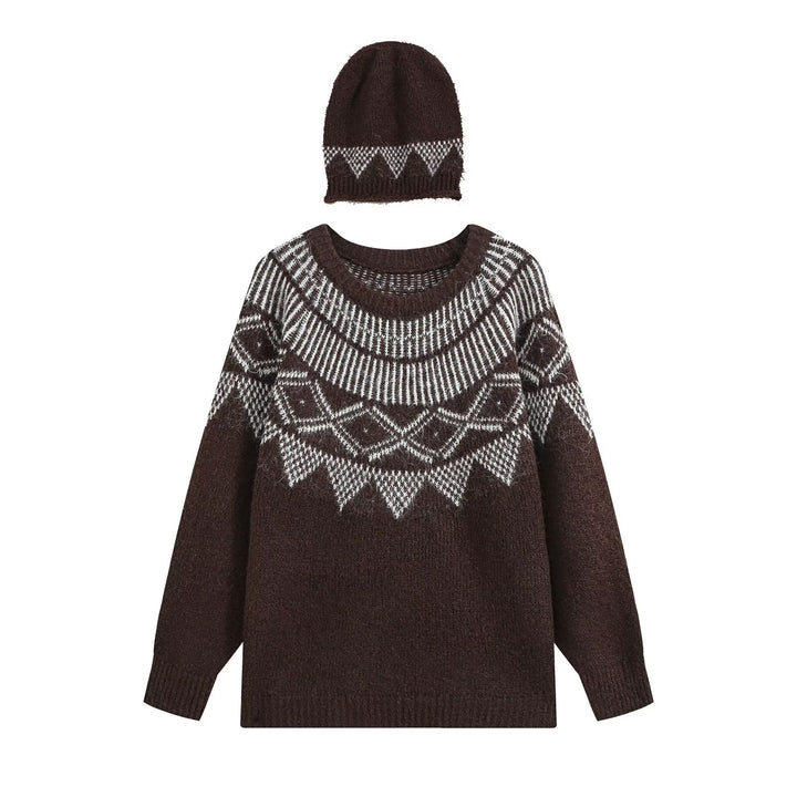 Damen Oversized Norweger-Strickpullover mit Rundhalsausschnitt und passender Mütze Echo Archiv