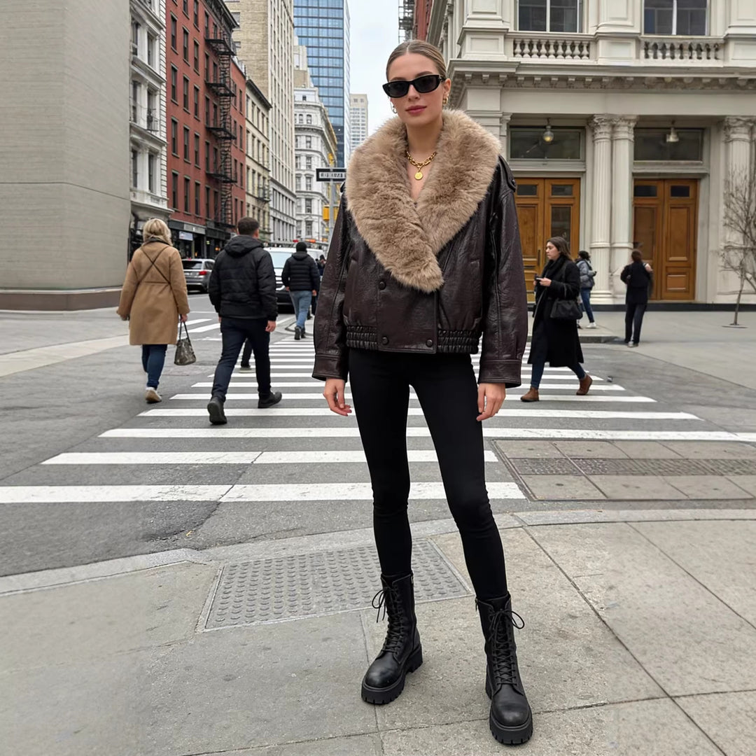 Damen Cropped Lederblouson mit voluminösem Pelzkragen und Taillen-Smock Echo Archiv