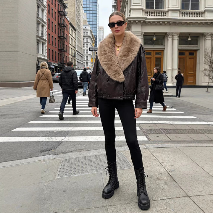 Damen Cropped Lederblouson mit voluminösem Pelzkragen und Taillen-Smock Echo Archiv