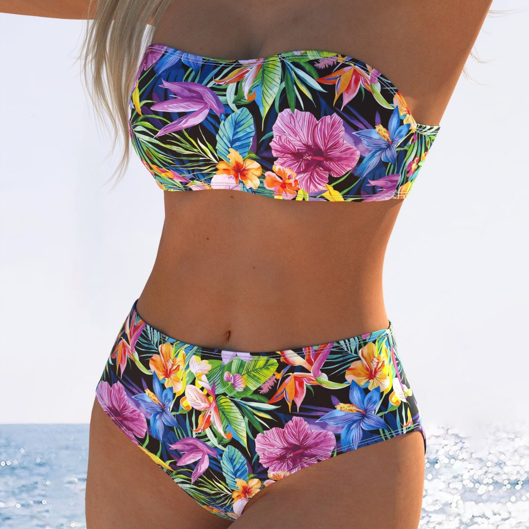 Damen Bandeau-Bikini mit hohem Taillenschnitt und buntem Tropenmotiv Echo Archiv