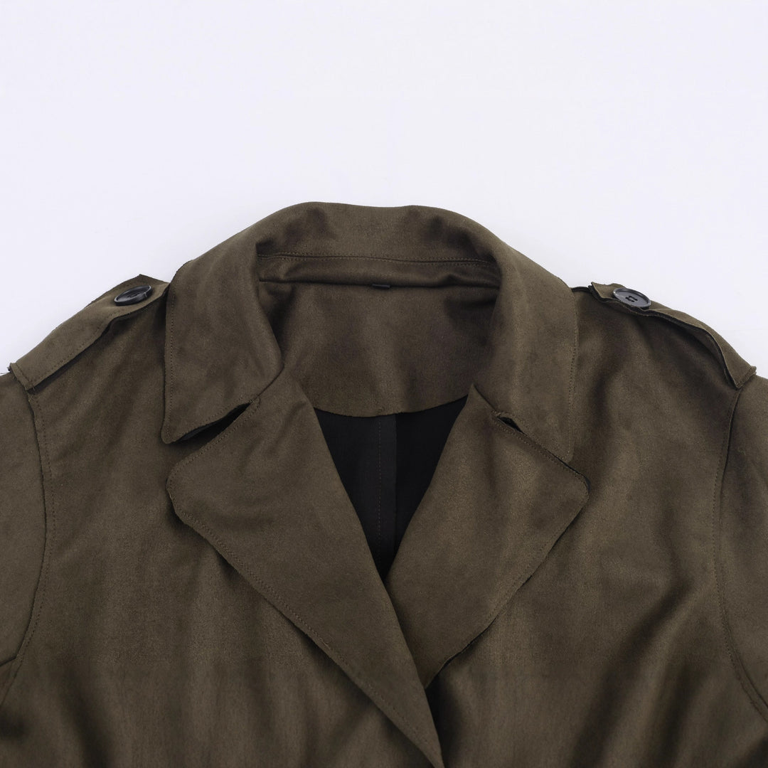 Damen Midilanger Mantel im Trench-Stil mit Bindegürtel und Schulterriegeln Echoarchiv