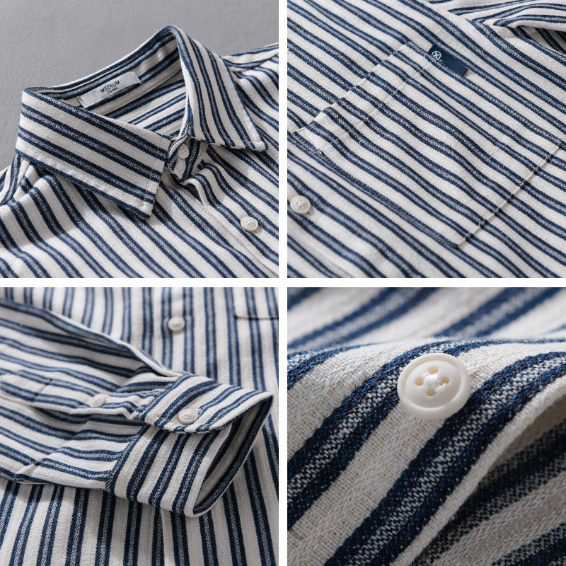 Herren Gestreiftes Baumwoll-Overshirt mit aufgesetzter Brusttasche und softem Crinkle-Finish Echoarchiv