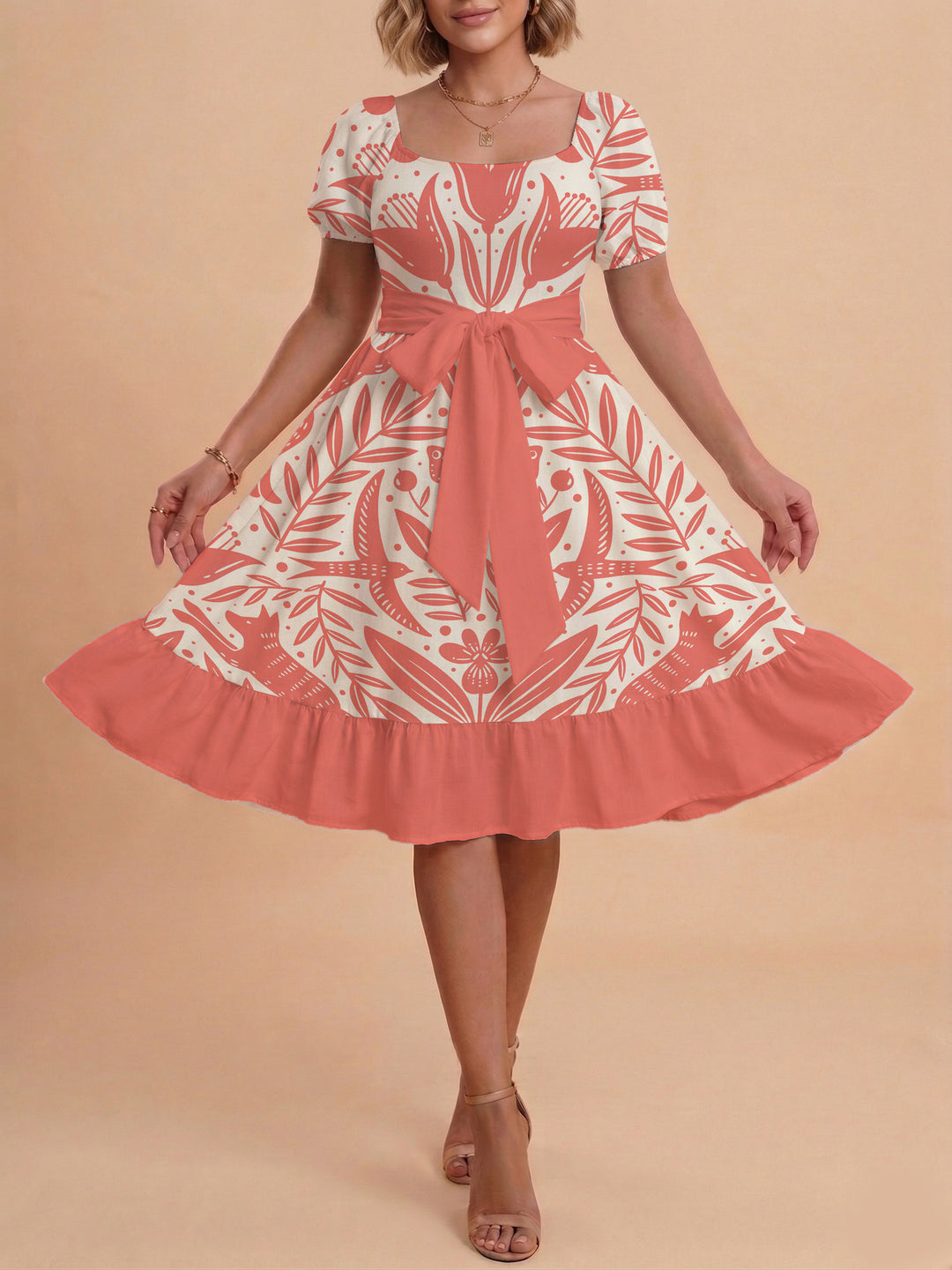 Damen Sommerkleid mit floralem Puffärmel und taillierbarem Gürtel Echo Archiv