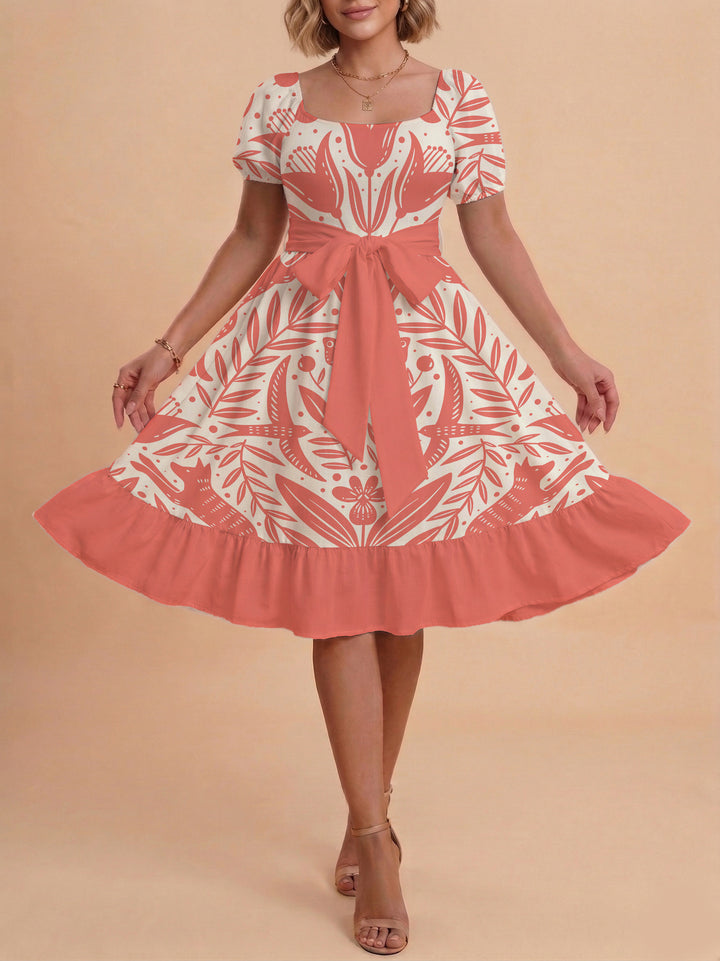 Damen Sommerkleid mit floralem Puffärmel und taillierbarem Gürtel Echo Archiv