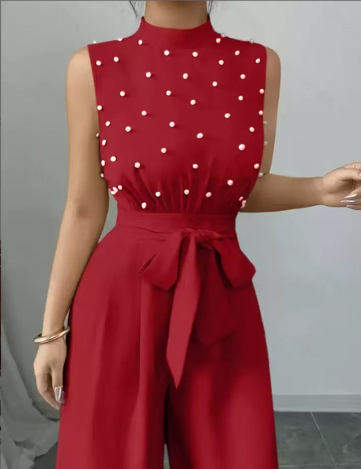 Damen Eleganter Jumpsuit mit Perlenbesatz, Stehkragen und weitem Palazzo-Bein – Solévia