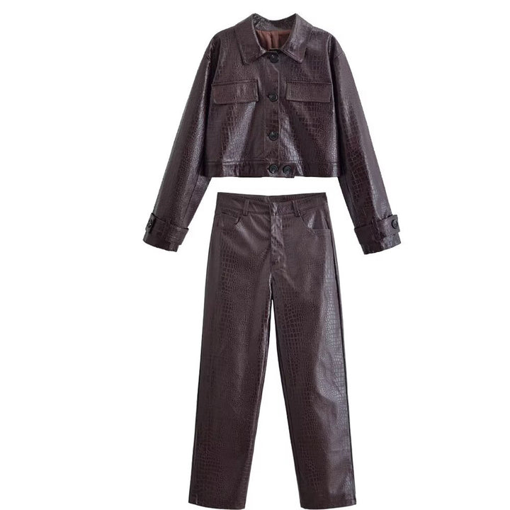 Damen Hochtaillierte Straight-Leg Kunstlederhose mit Krokoprägung Echoarchiv