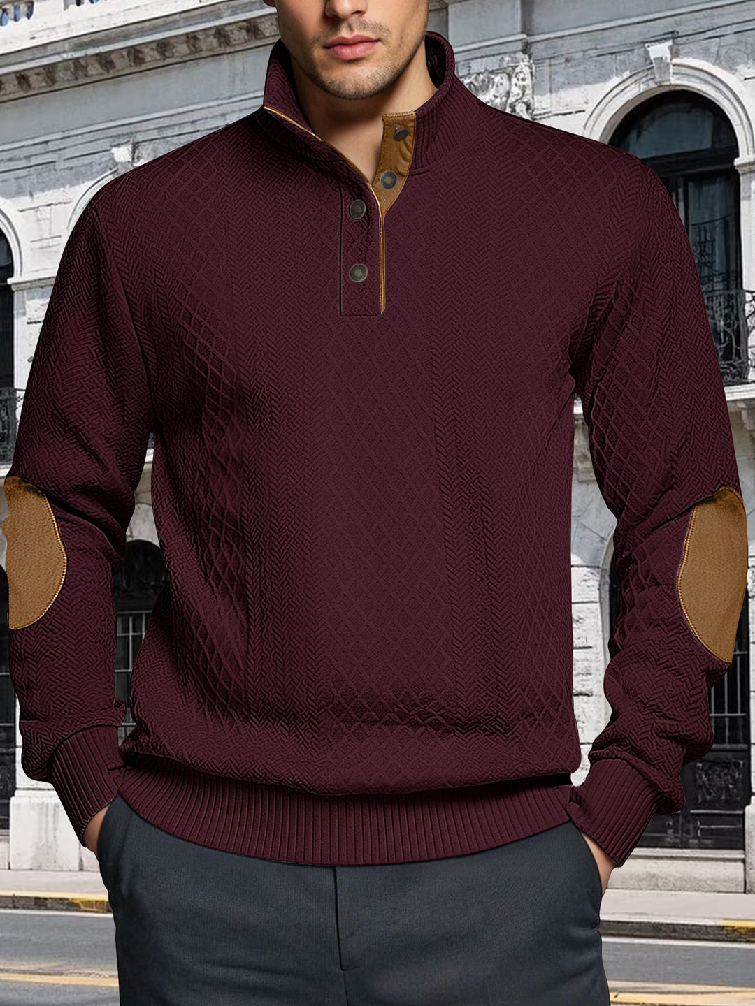 Herren Strickpullover mit strukturiertem Design und Lederpatches Echoarchiv