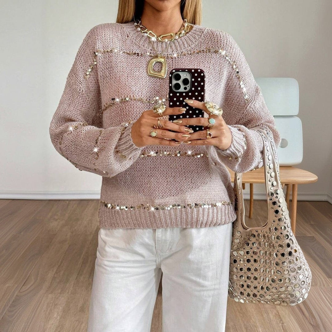 Damen Grobstrick-Pullover mit Paillettenstreifen, Oversize-Schnitt & Rundhalsausschnitt Echoarchiv