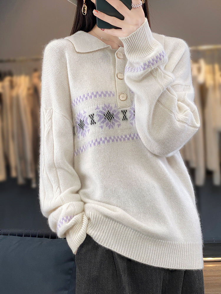 Damen Oversize-Polokragen-Strickpullover mit Norweger‑Motiv und Raglanärmeln Echoarchiv