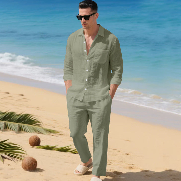 Herren leichtes Leinen-Outfit mit stilvollem Hemd und eleganter Hose Echoarchiv