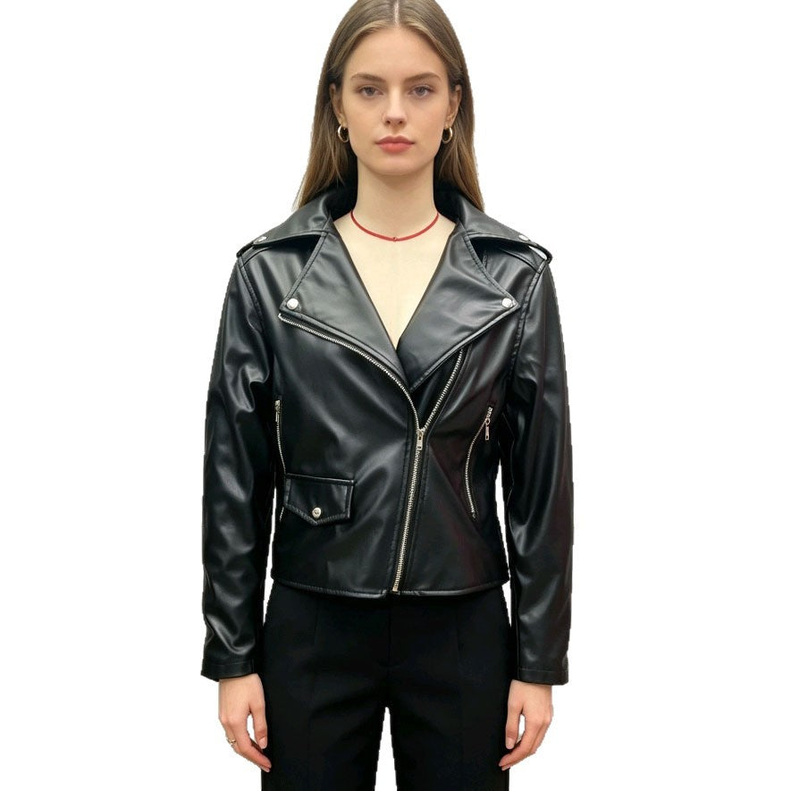 Damen nan figurbetonte Bikerjacke aus Kunstleder mit asymmetrischem Reißverschluss und aufgesetzter Klappentasche Echo Archiv