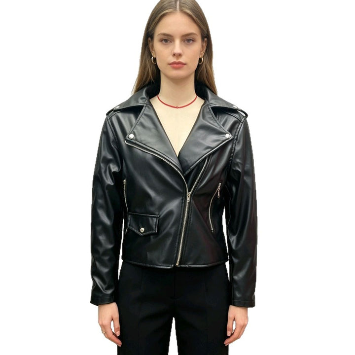 Damen nan figurbetonte Bikerjacke aus Kunstleder mit asymmetrischem Reißverschluss und aufgesetzter Klappentasche Echo Archiv