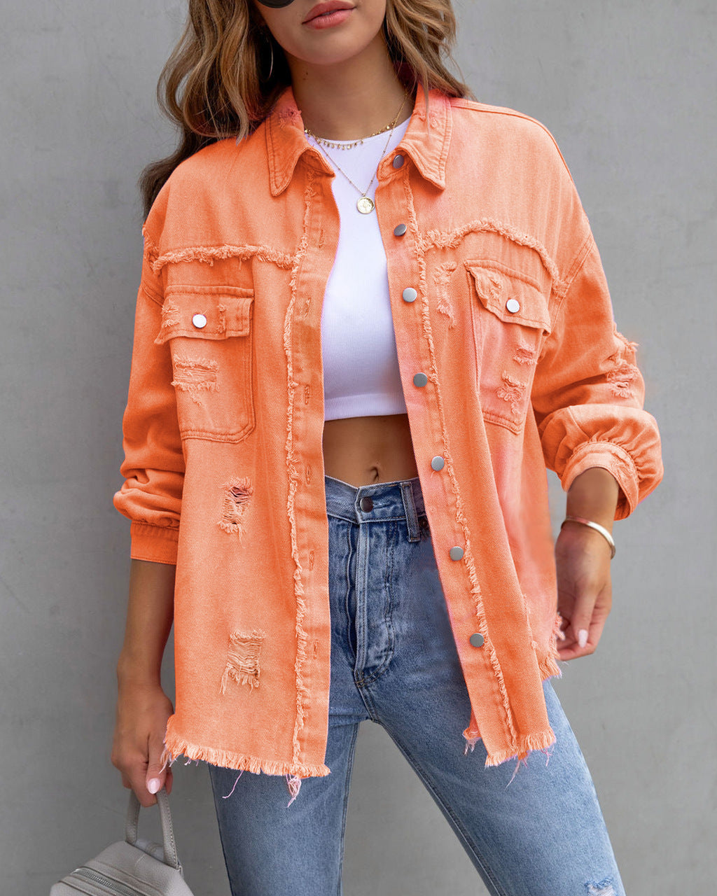 Damen nan oversized Utility-Denim-Hemdjacke mit Fransenbesatz und aufgesetzten Pattentaschen Echo Archiv