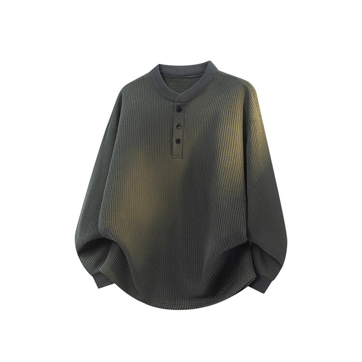 Unisex Weitgeschnittener Waffelstrick-Henleypullover mit Stehkragen Echoarchiv