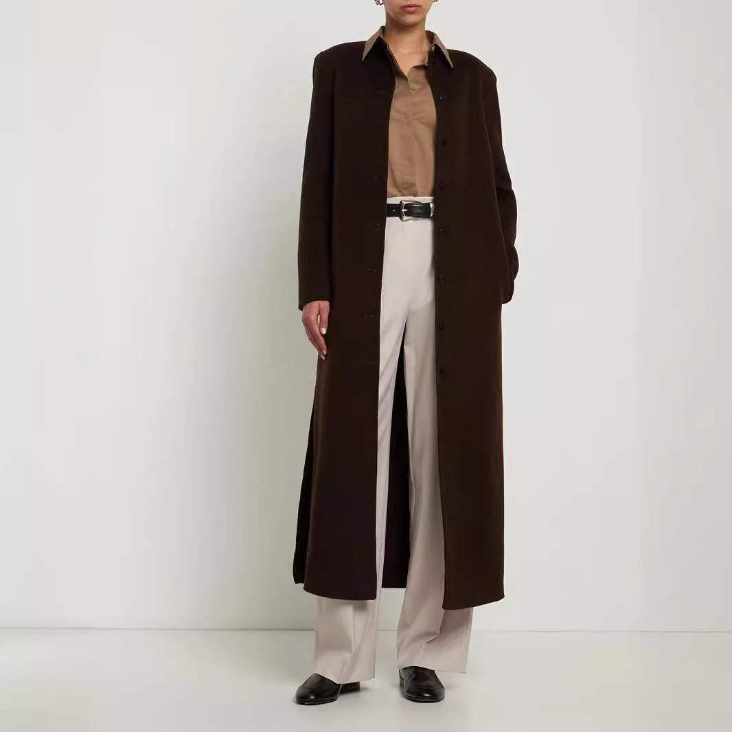 Damen Langer Minimalistischer Stehkragenmantel aus Wollmix mit verdeckter Knopfleiste Echoarchiv