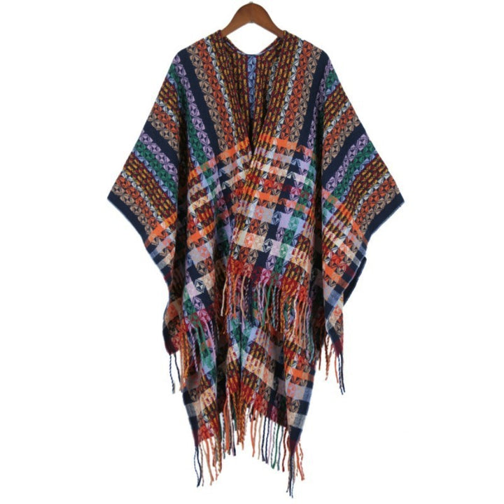 Damen Mehrfarbiger Web‑Poncho im Boho‑Patchwork‑Design mit Fransen Echo Archiv