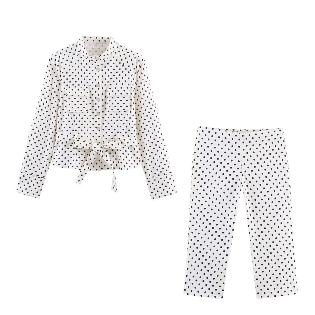 Damen Gepunktete Taillierte Blusenjacke mit Stehkragen, Brusttaschen und Taillenband Echo Archiv