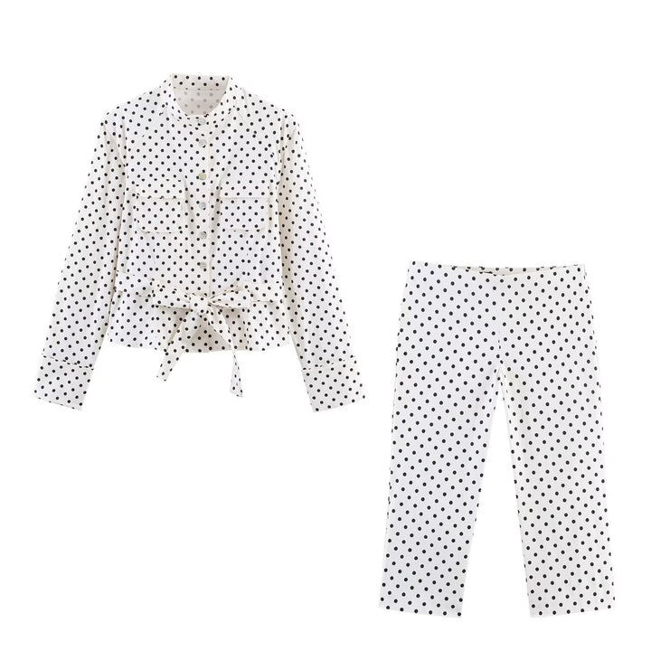 Damen Gepunktete Taillierte Blusenjacke mit Stehkragen, Brusttaschen und Taillenband Echo Archiv
