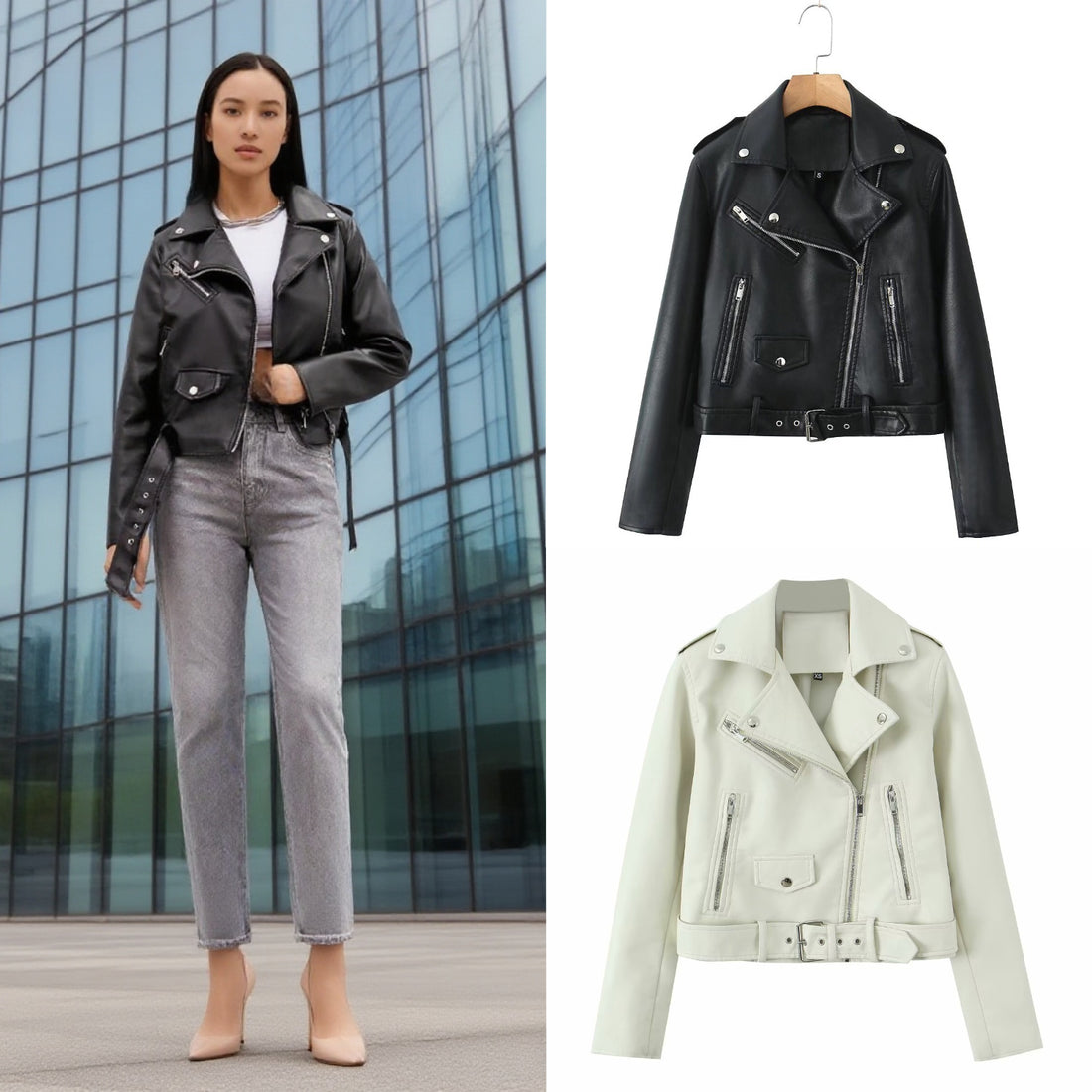 Damen Robuste taillierte Bikerjacke aus Kunstleder mit asymmetrischem Reißverschluss und Taillengürtel Echo Archiv