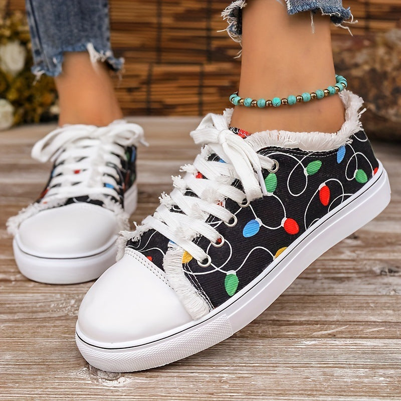 Damen Leinensneaker mit buntem Lichterketten-Print und fransigem Schaft Echo Archiv