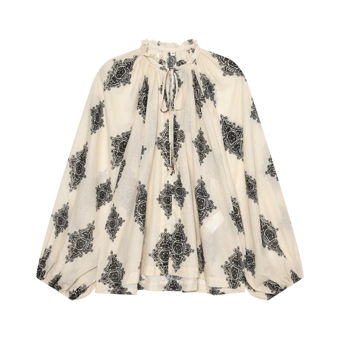 Damen Weite Boho-Bluse mit Rüschkragen, Tunnelzug und Ballonärmeln Echo Archiv