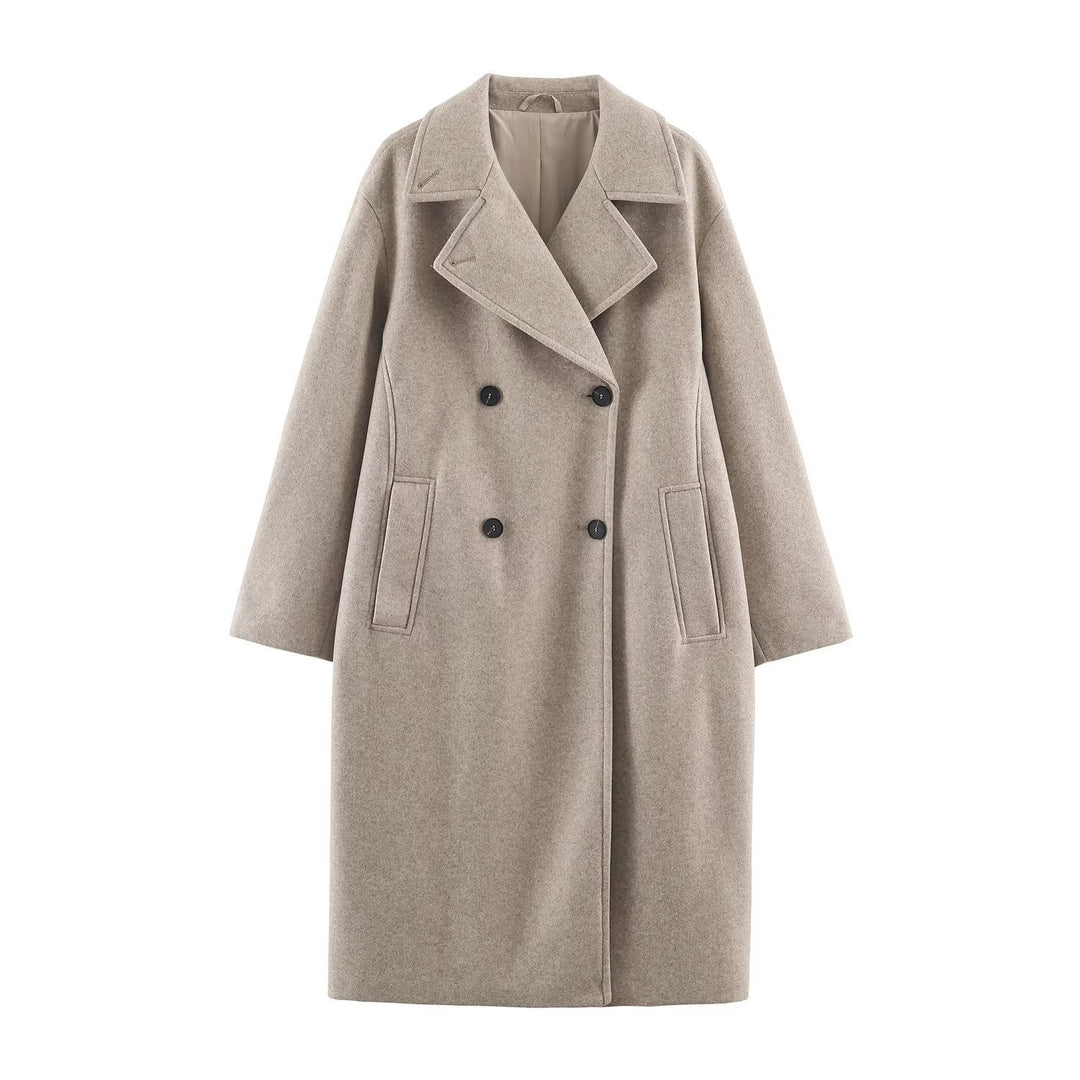 Damen Midilanger Wollmix-Doppelreihenmantel mit weitem Revers und Eingrifftaschen Echoarchiv