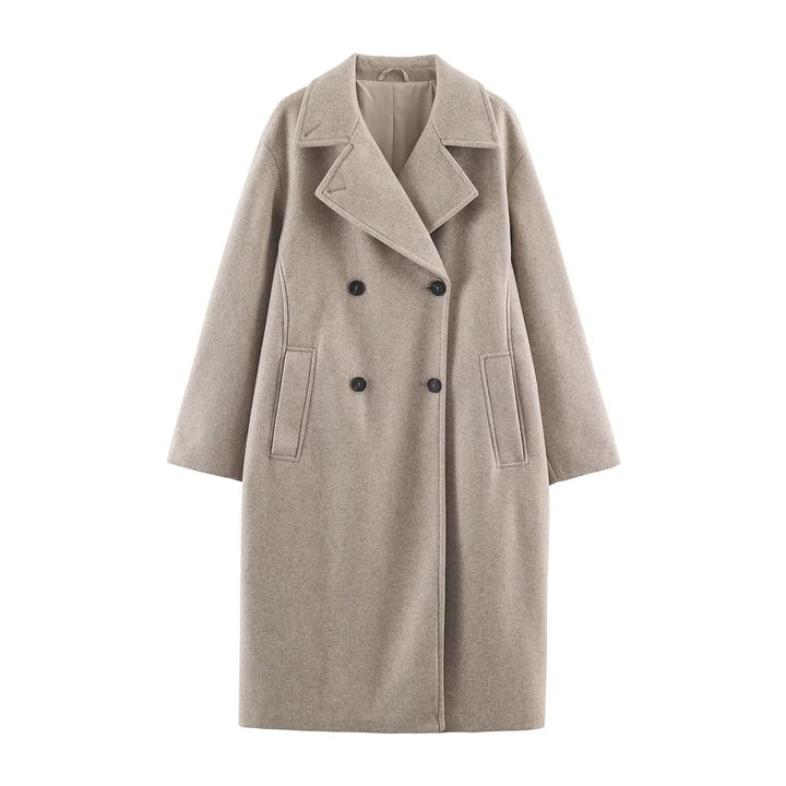 Damen Midilanger Wollmix-Doppelreihenmantel mit weitem Revers und Eingrifftaschen Echoarchiv
