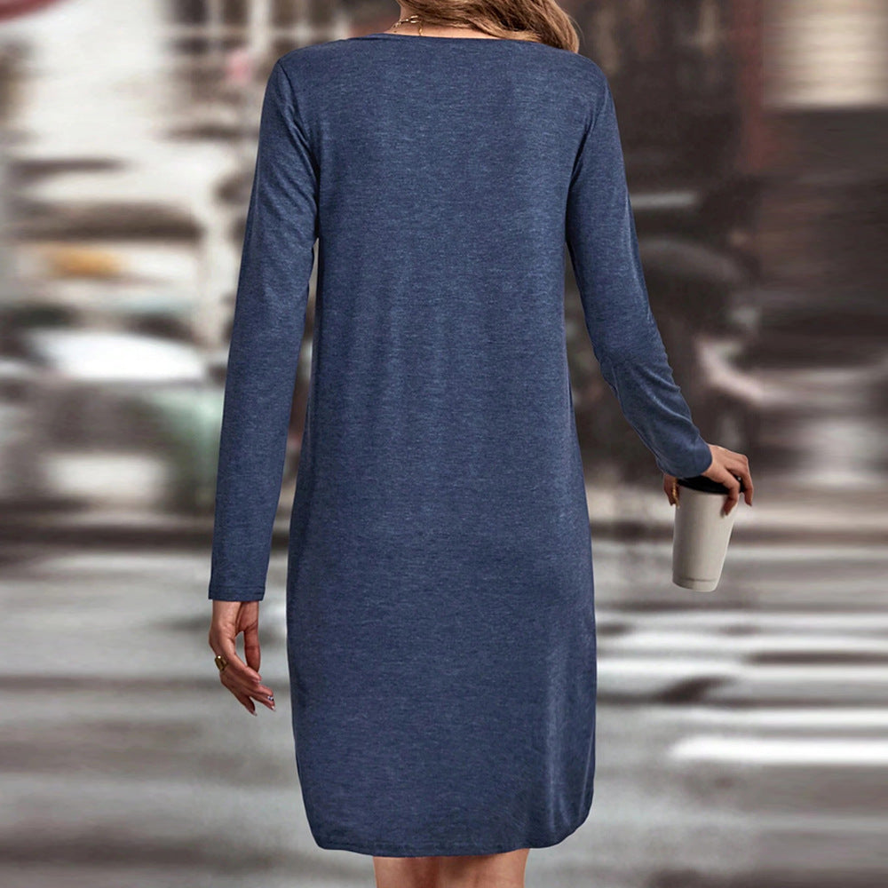 Damen lässiges Jersey-Kleid mit V-Ausschnitt Brusttasche und legerer A-Linie – Lunéa