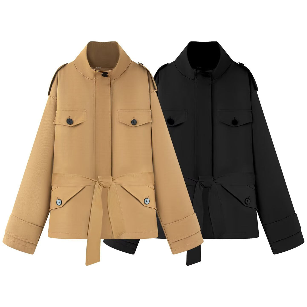 Damen Kurze Utility-Jacke mit Taillengürtel und Schulterklappen Echoarchiv
