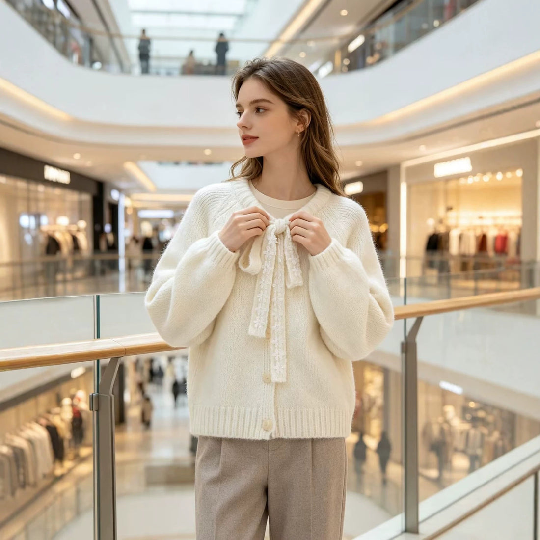 Damen Oversize Strickpullover mit dekorativem Blumen-Spitzenband Echoarchiv