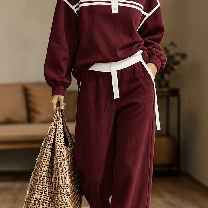 Damen Lounge-Set aus weichem Jersey mit Polokragen, Kontraststreifen und weiter Jogpant – Élanora