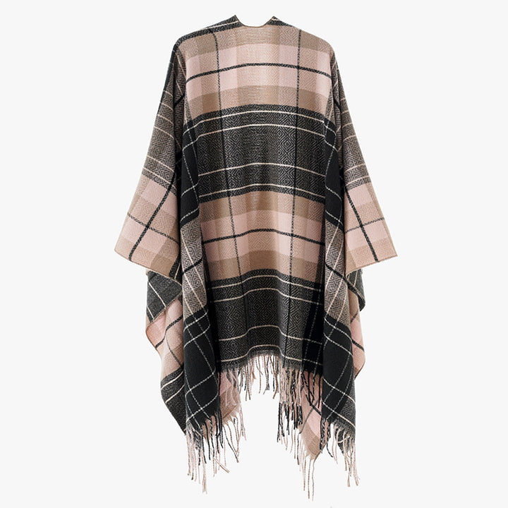 Damen Oversize-Kimono-Capeponcho im Karomuster mit Fransensaum Echo Archiv