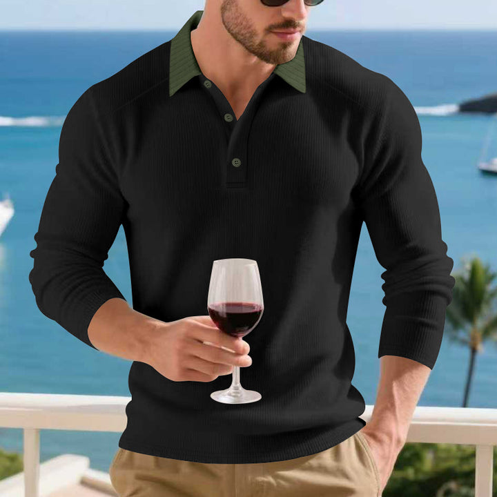 Herren Langarm Poloshirt mit strukturiertem Design und kontrastierendem Stehkragen Echoarchiv