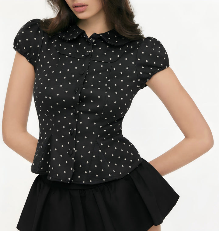 Damen Karo-Bluse mit Bubikragen, Taillierter Peplum-Silhouette und Puffärmeln – Élovi