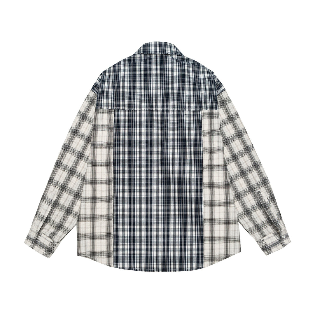 Unisex Oversized Hemdjacke mit Patchwork-Karomuster und abgerundetem Saum Echoarchiv