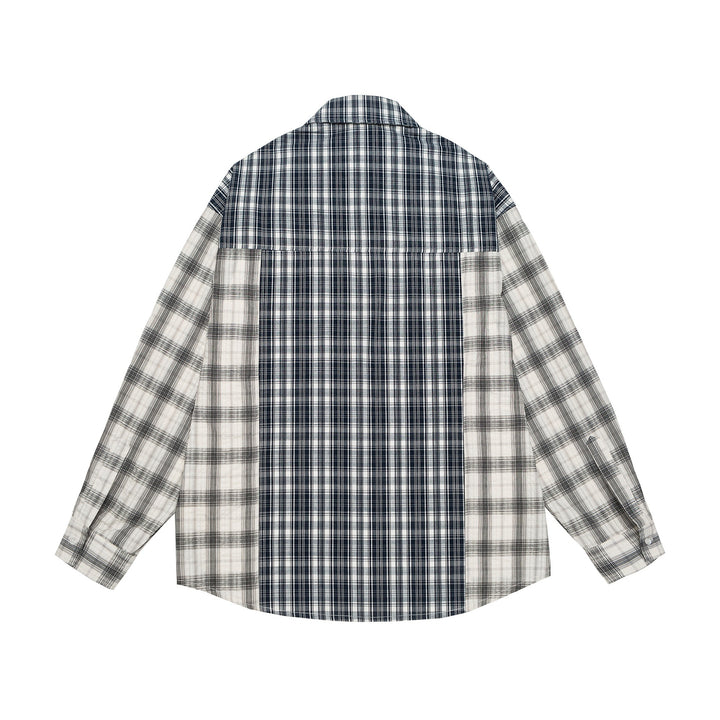 Unisex Oversized Hemdjacke mit Patchwork-Karomuster und abgerundetem Saum Echoarchiv