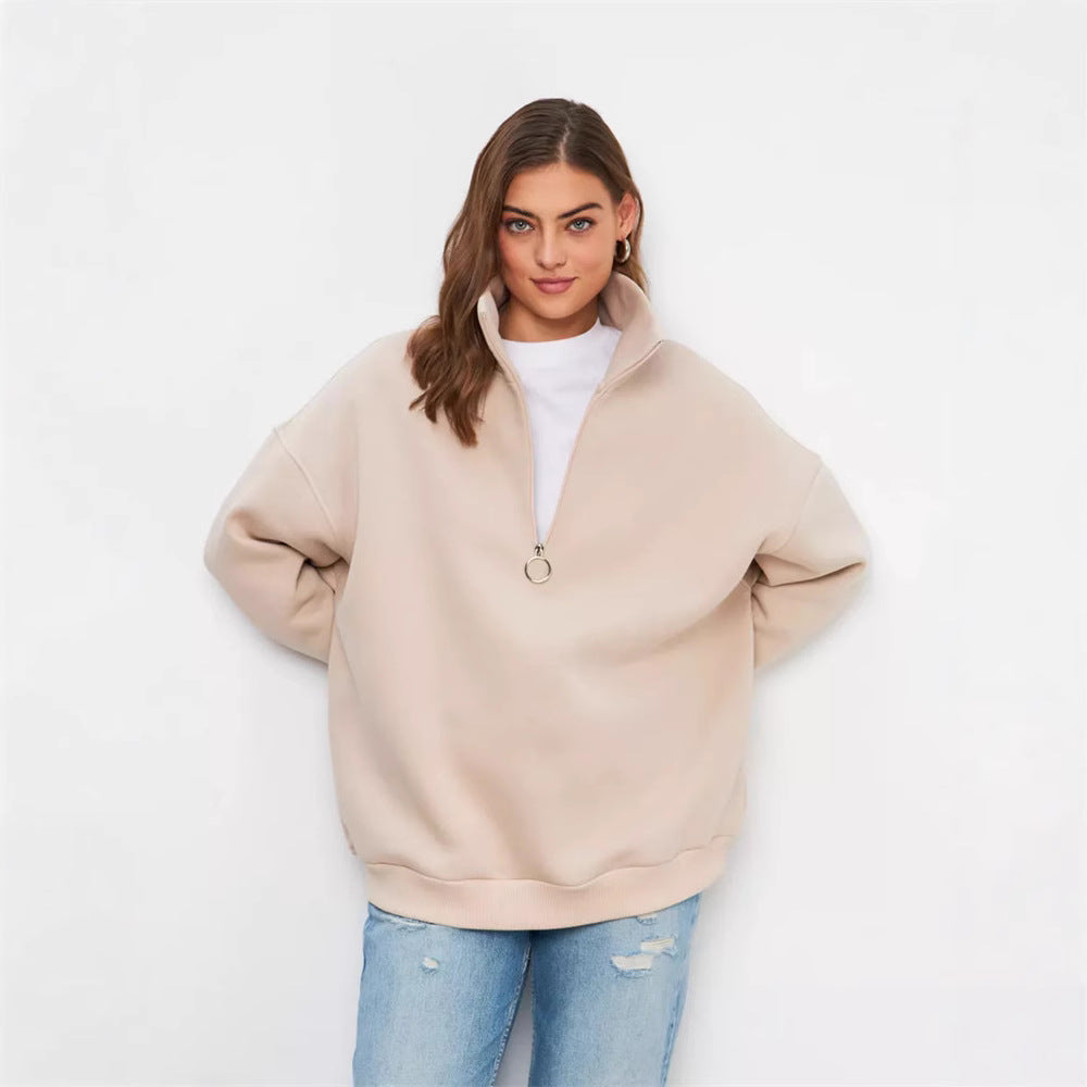 Damen Oversized Halbzip Sweater mit hohem Stehkragen und Rippbündchen – Auréline