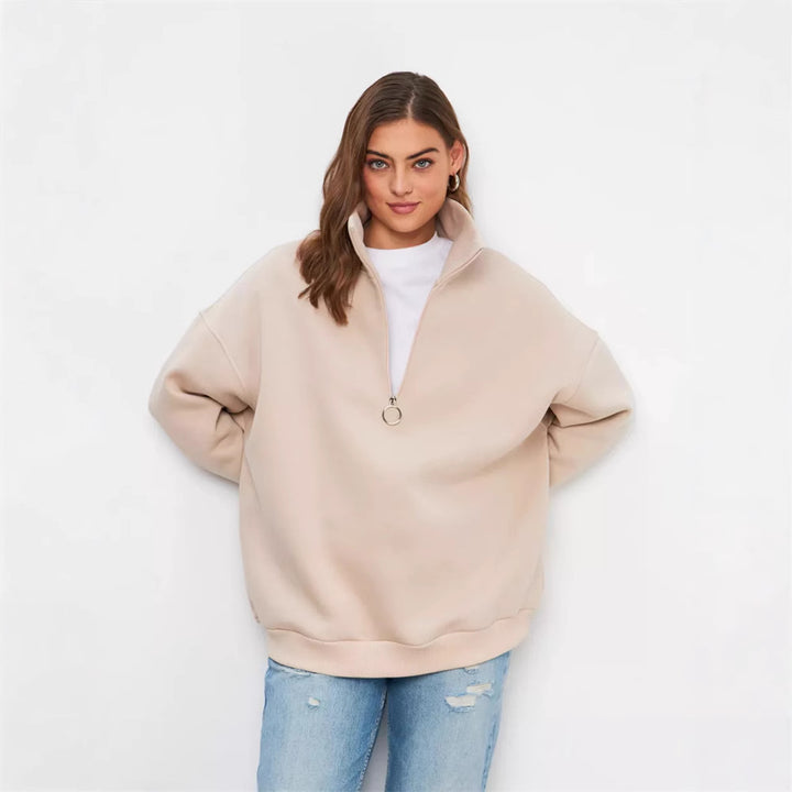 Damen Oversized Halbzip Sweater mit hohem Stehkragen und Rippbündchen – Auréline