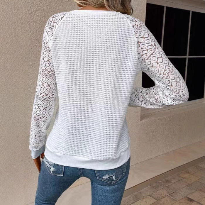 Damen nan Pullover mit Waffelstruktur, Raglanform und transparenter Spitzenärmel Echo Archiv