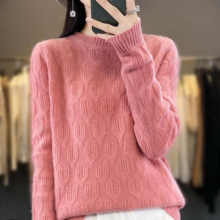 Damen Weicher Mohair‑Look Rundhalspullover mit erhabener Tulpenstruktur Echoarchiv