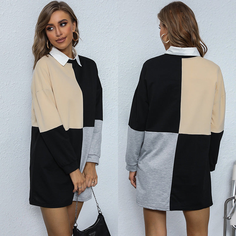 Damen Longline-Sweatkleid mit Hemdblusenkragen, Colorblock-Panels und lockerer Passform Echoarchiv