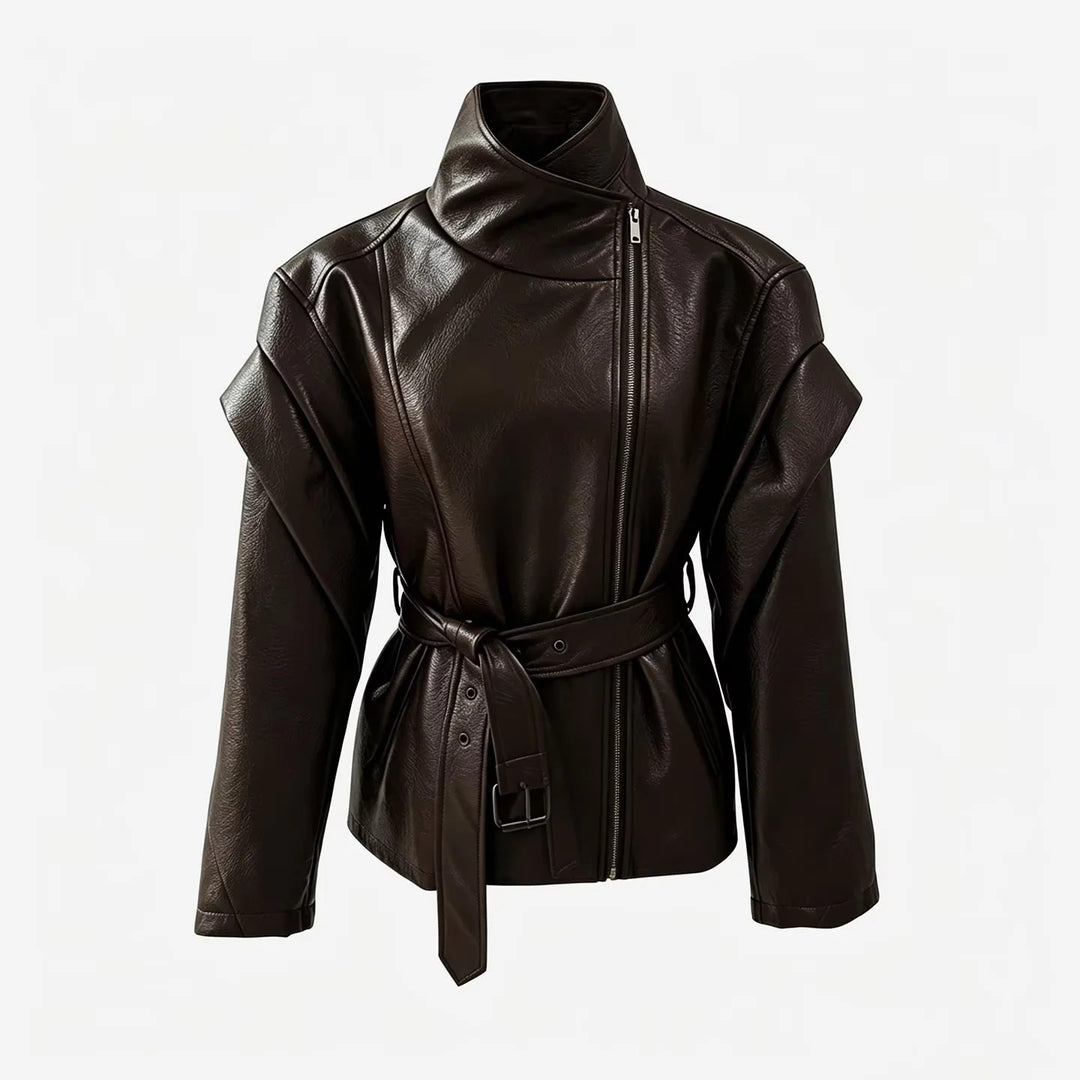 Damen nan taillierte Kunstlederjacke mit asymmetrischem Reißverschluss, hohem Stehkragen und Bindegürtel Echo Archiv
