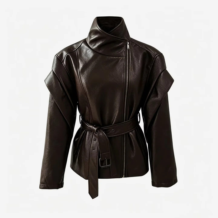 Damen nan taillierte Kunstlederjacke mit asymmetrischem Reißverschluss, hohem Stehkragen und Bindegürtel Echo Archiv