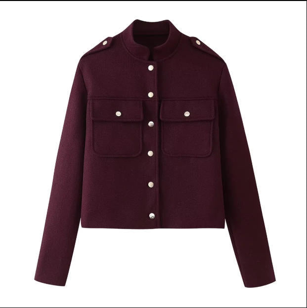 Damen Kurze Cropped‑Utilityjacke aus Wollmix mit Stehkragen und aufgesetzten Klappentaschen Echo Archiv