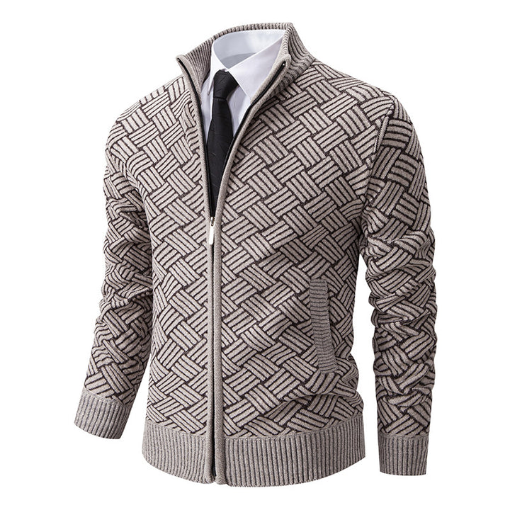 Herren Strick-Zipjacke mit geometrischem Strukturmuster und Stehkragen Echo Archiv