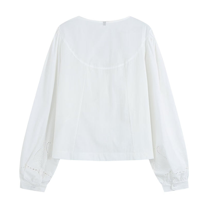 Damen Bestickte V‑Ausschnitt Bluse mit Kellerfaltenpasse und Ballonärmeln Echo Archiv