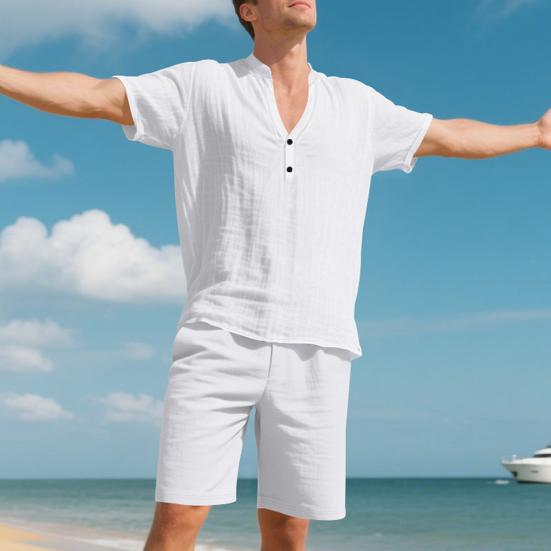Herren lässiges Leinen-T-Shirt mit kurzer Knopfleiste und passenden Shorts Echoarchiv
