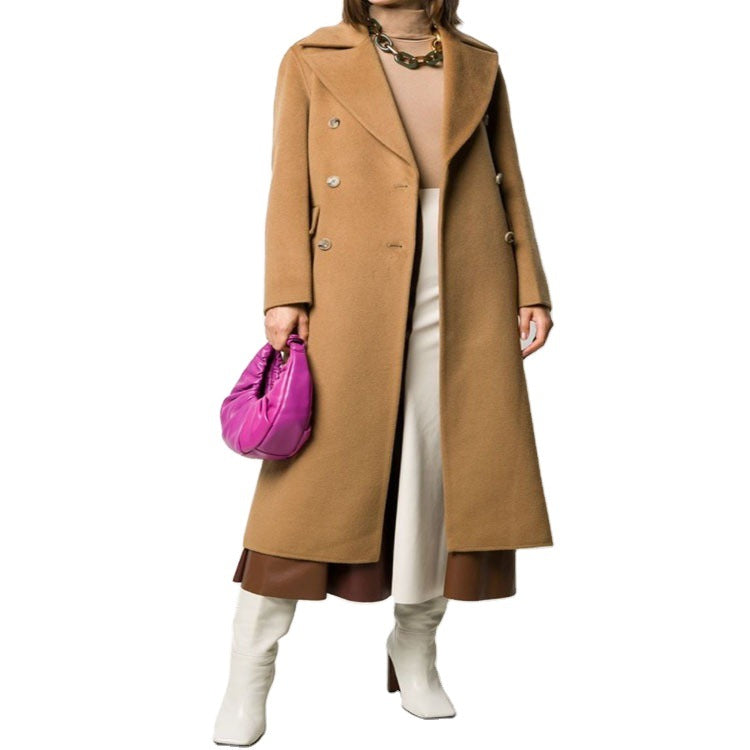 Damen Bodenlanger Zweireihiger Wollmix-Longcoat mit dezentem Gehschlitz und breitem Schalkragen Echoarchiv