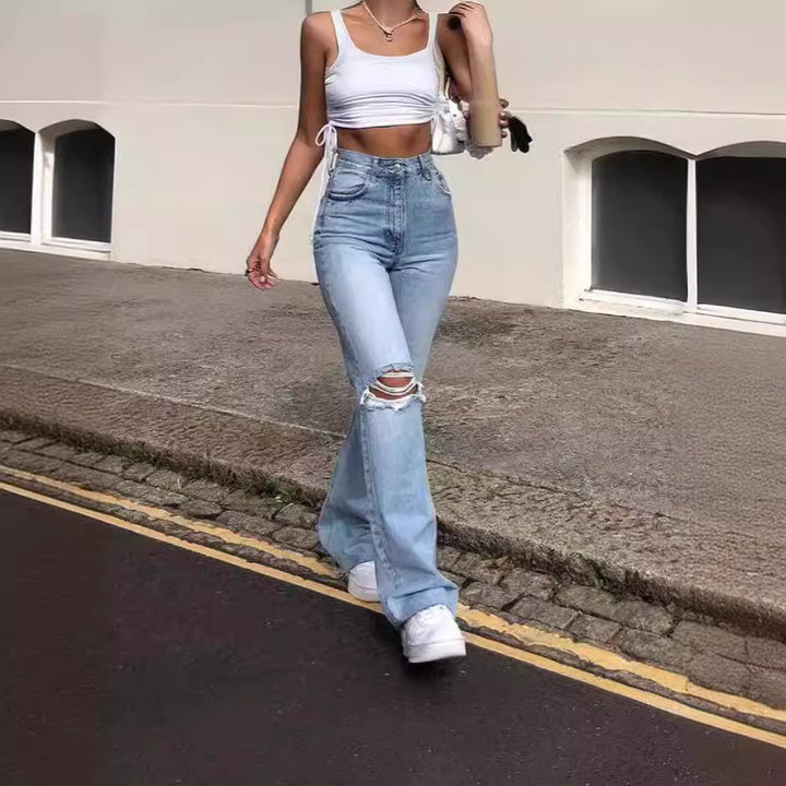 Damen Vintage Schlagjeans mit modischen Rissdetails und hohem Bund Echo Archiv
