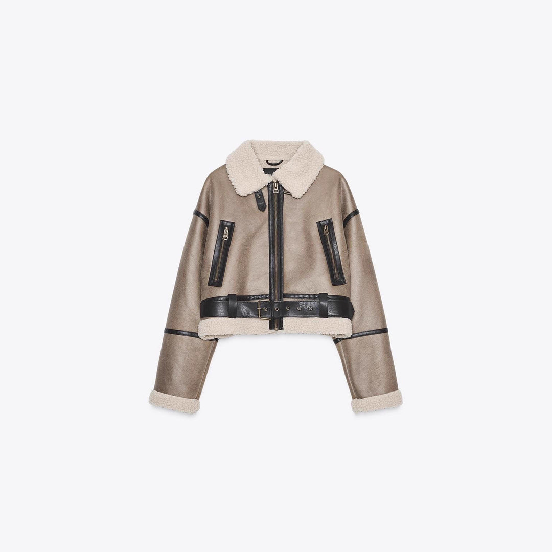 Damen Cropped Lammfelloptik‑Blouson mit Teddykragen und Taillengürtel Echo Archiv